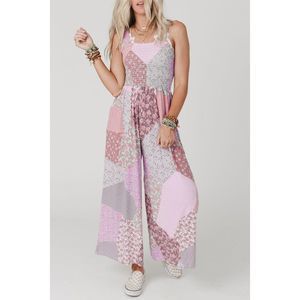 Azura Exchange  Pink Irregular Patchwork Print Smocked Wide Leg Jumpsuit